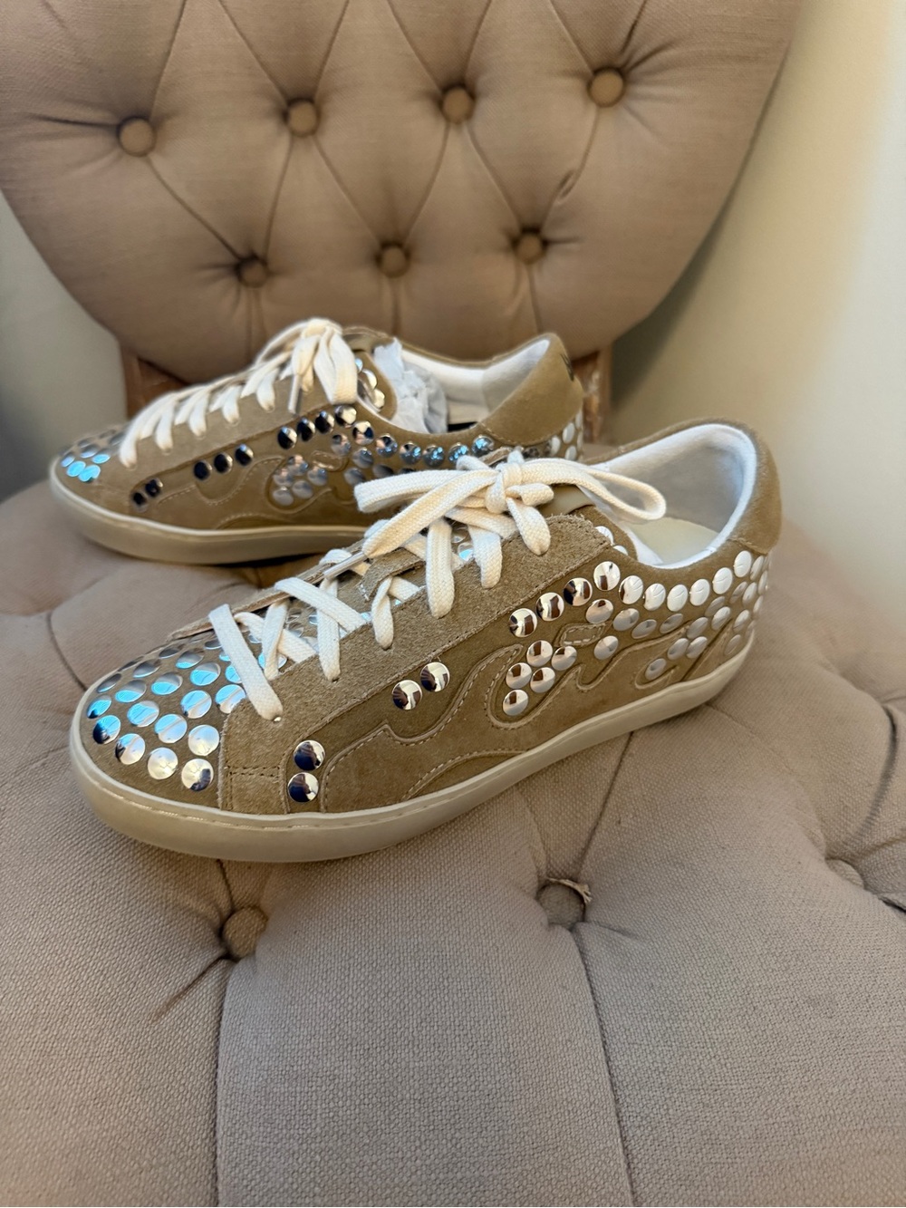 Ganni Tan Suede Sneakers with Iridescent Studs